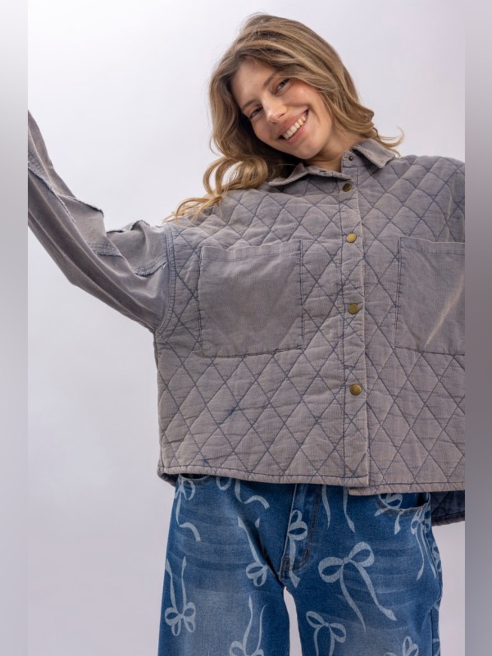 #888 Quilted Snap-Front Jacket in Gray